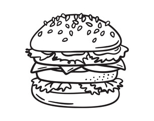 Hamburger doodle icon, burger hand drawn sign. Outline hamburger, burger line.