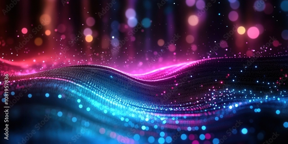 Poster vibrant abstract digital waves with colorful light bokeh effects in dark space for modern background