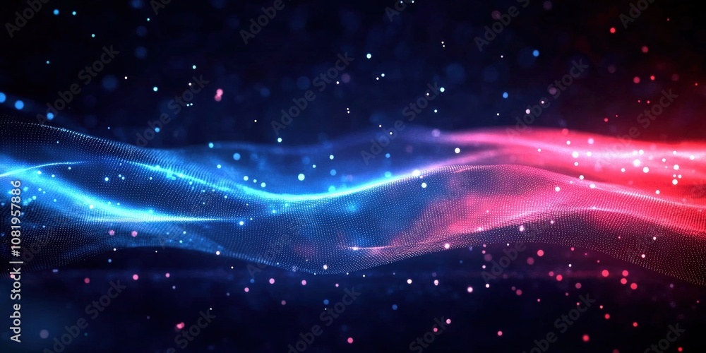 Poster colorful abstract waves with glowing particles against dark background for modern design projects an