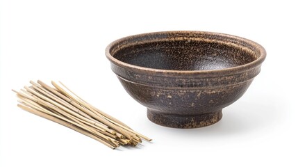 Brown ceramic bowl and bundle of dried reeds