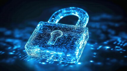 Immediate Security Concept A digital padlock illuminated in blue, representing cybersecurity and data protection.