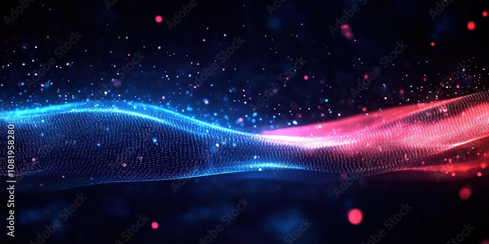 Poster abstract waves of light in red and blue, with sparkles and a gradient background, creating a futuris