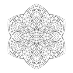 Vector Black and White Mandala Pattern. Intricate Spiritual Lace Tattoo with Islamic, Arabic, Indian, and Ottoman Influences. Zentangle inspired image to color.