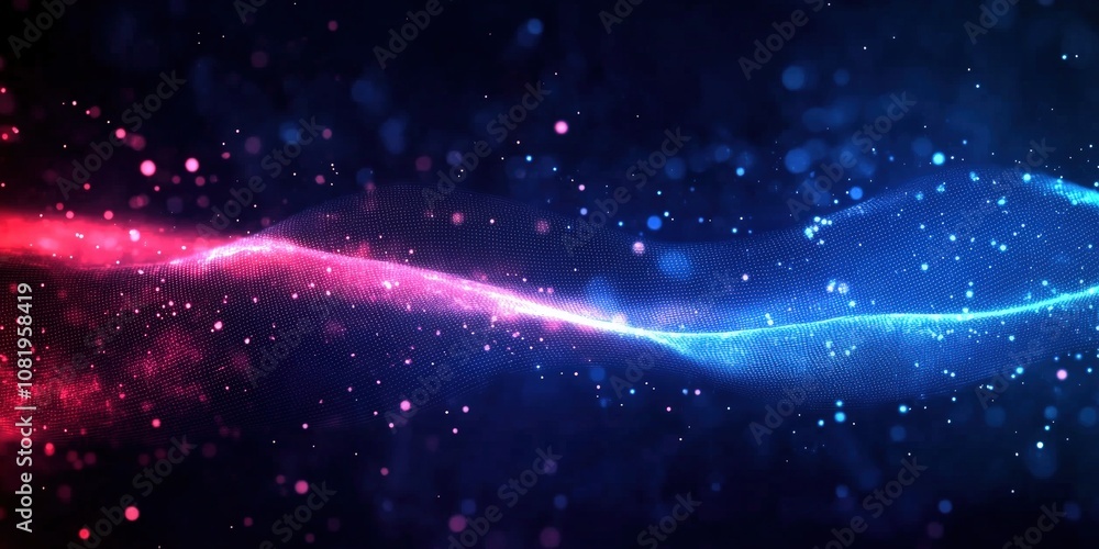 Poster vibrant abstract background with colorful particle effects in red and blue tones, creating a dynamic