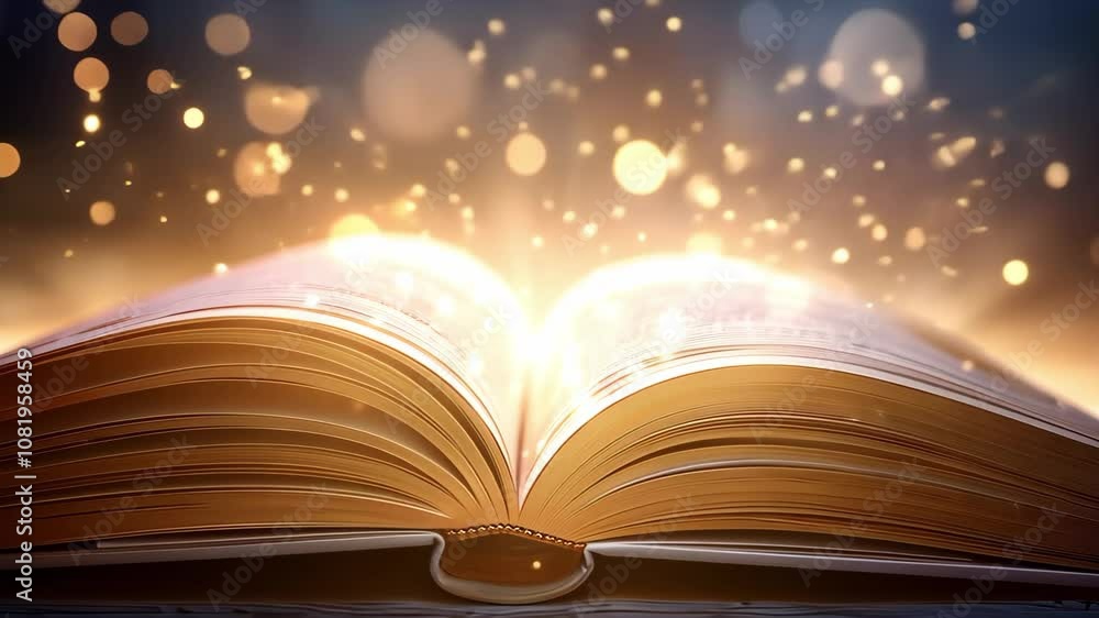 Poster an open book emits a warm glow with sparkling lights, creating a magical and enchanting atmosphere.