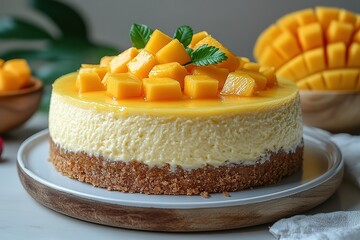 A yellow cake with green leaves on top and a slice of mango on the side