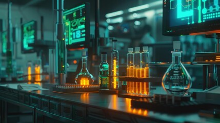 Medical research lab with glowing test tubes and digital charts