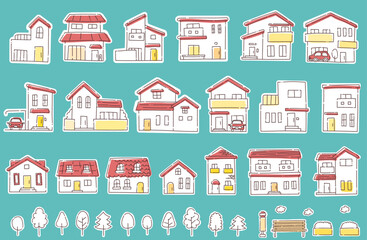かわいい住宅・建物の手描きベクターイラスト（白背景）