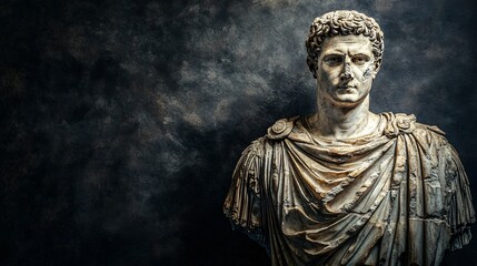Bust of ancient Roman figure with curly hair and serious expression against textured dark background. Symbol of classical authority