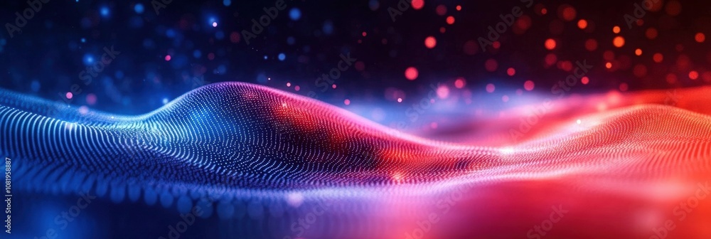 Aufkleber abstract digital landscape with flowing waves of color in blue and red illuminated by soft glowing p
