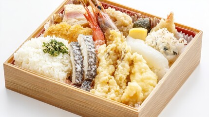 Delicious and Colorful Japanese Bento Box Featuring Fresh Tempura, Rice, Grilled Fish, Shrimp, and Seasonal Vegetables Perfect for Food Lovers and Culinary Enthusiasts