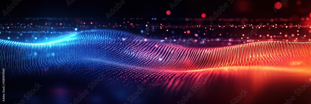 Poster abstract waves of light in blue and red hues representing digital fluidity and motion with sparkling