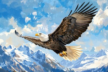 Obraz premium Illustration of bald eagle flying over snowy mountains. Artistic depiction of freedom, strength, and the beauty of wildlife
