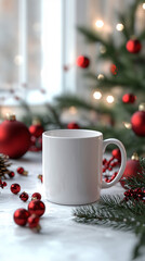 White ceramic tea mug mockup with Santa toy, winter x-mas decorations and copy space for your imprint. Front view 10oz cup background for Christmas promotional content
