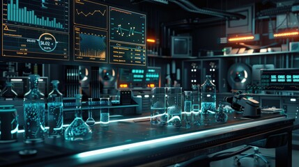 Medical research lab with glowing test tubes and digital charts
