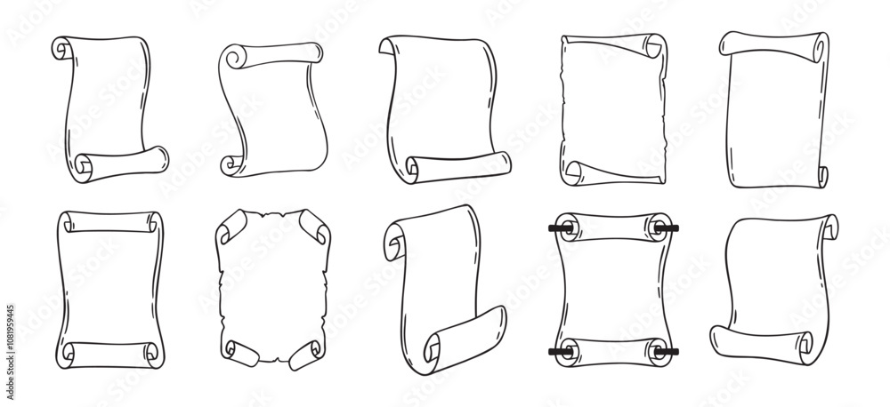 Poster ancient empty scroll doodle hand drawn, ancient medieval paper outline icon set. outline vector pape