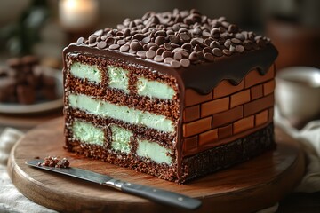 A chocolate cake with green frosting and chocolate chips on top