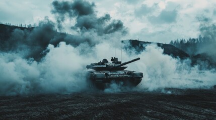 Military Tank in Action Amidst Smoke and Fog
