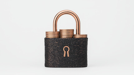 Naklejka premium Secure padlock with stacked coins symbolizes financial safety and protection. This conveys importance of safeguarding assets and investments in visually striking manner