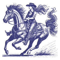 Cowgirl Riding Galloping Horse with Grace and Confidence Vector Illustration in Vintage Engraving Style