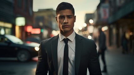 Fototapeta premium Latino Professionals in Business Attire Smiling in Cinematic Stock Image
