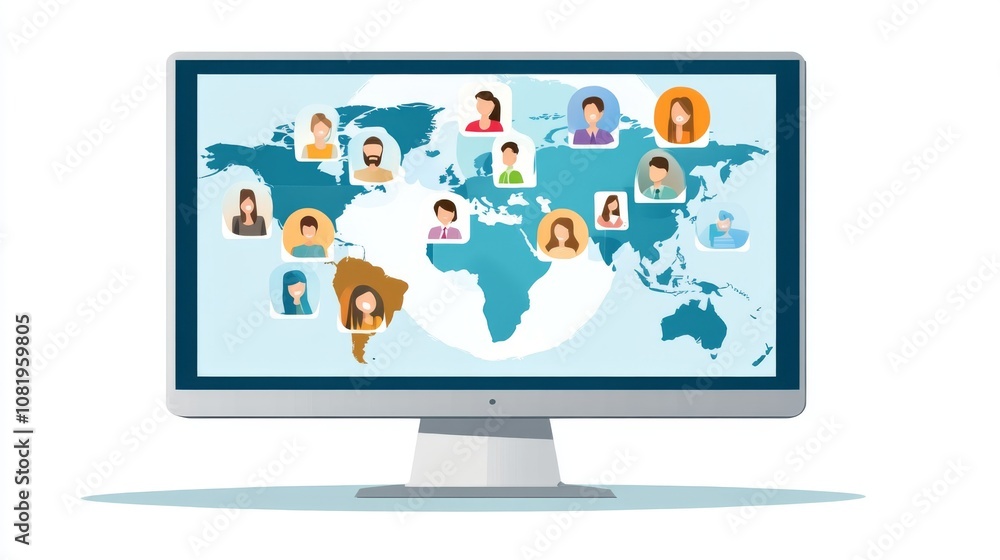 Poster visual representation of global communication through diverse people connected on a computer screen 