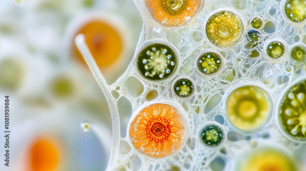 Poster abstract colorful bubbles with intricate patterns and textures in a white background.