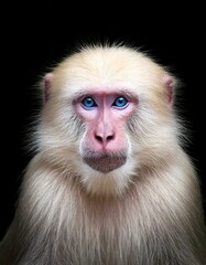 Obraz premium Portrait photo of an albino white monkey with blue eyes on black background
