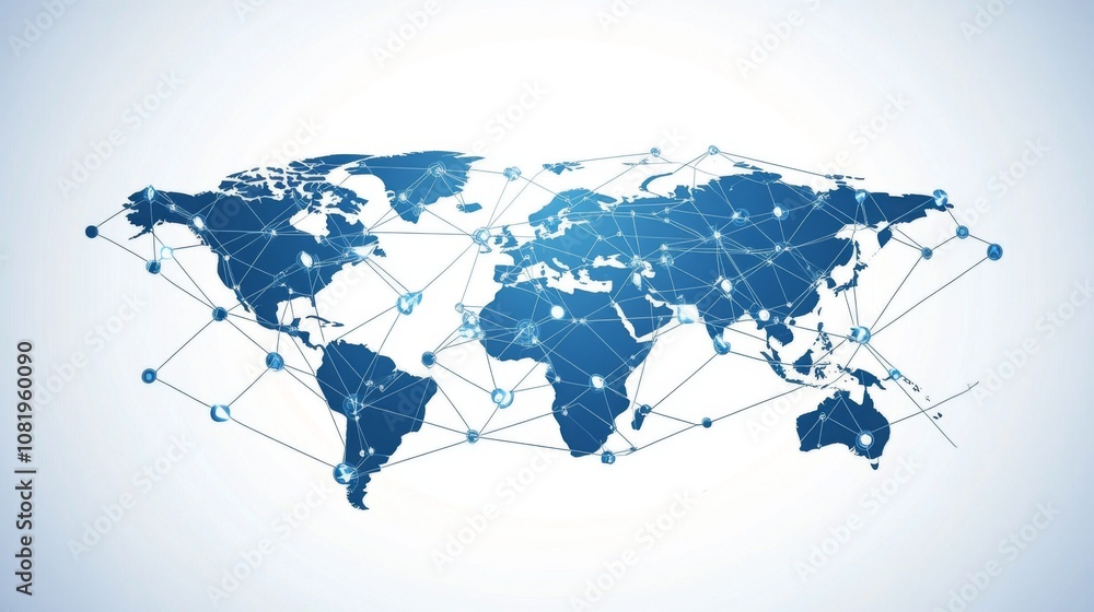 Fototapete abstract blue world map with network connections representing global communication and technology in