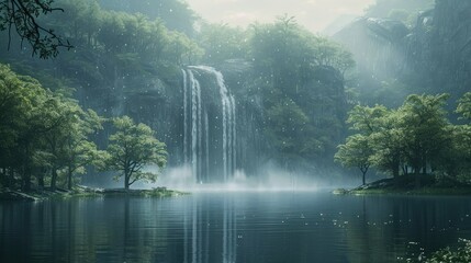 Majestic waterfall cascading into a serene lake