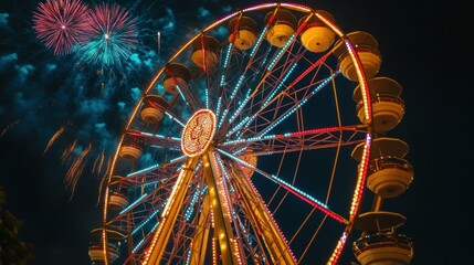 Illuminated Ferris wheel set against a dark sky filled with fireworks, bright colors and lights capturing the festive celebration