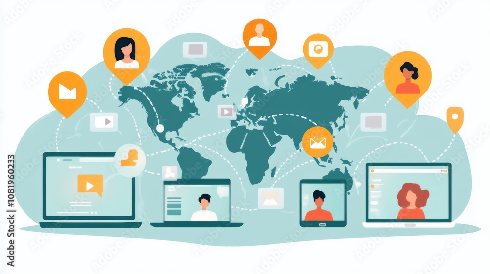 Poster global connectivity and communication concept, featuring multiple devices, users, and social media i