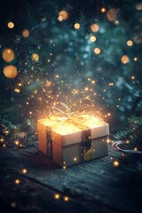 An elegant gift box with a soft glow emanating, symbolizing surprise and excitement, with holiday-themed elements around it. 