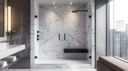 Marble shower with glass doors, built-in steam function, modern and sleek, spa-like, luxury