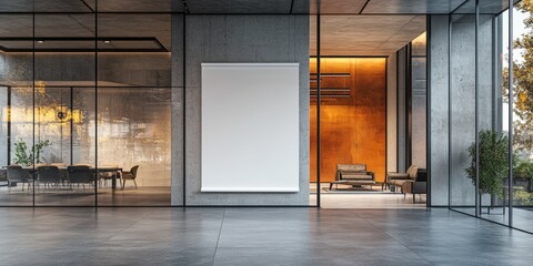 Modern office interior design with a minimalist aesthetic showcasing a blank white wall, large glass windows, and sleek furniture in a contemporary urban setting