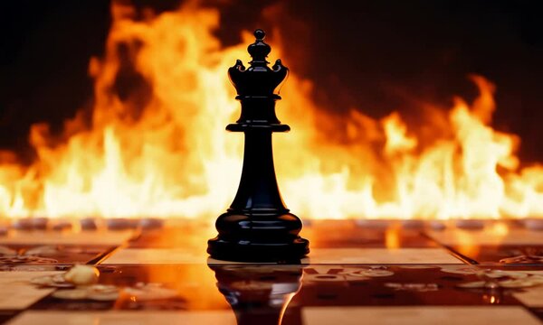 Black chess queen standing boldly on a chessboard with intense flames in the background, symbolizing power