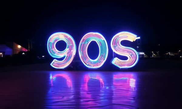 Neon 90s sign glowing vibrantly with colorful lights, reflecting nostalgia and retro vibes of the iconic decade