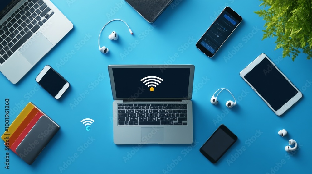 Aufkleber modern digital workspace with laptops, smartphones, tablets and headphones on blue background utiliz