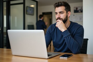 Thoughtful Man Working on Laptop in Modern Office Setting, Ideal for Business and Technology Concepts