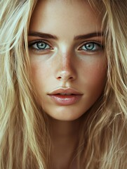 Portrait of a cute woman with long blonde hair, piercing blue eyes, natural makeup, and a faint scar on her cheek