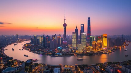 At dusk, Shanghai's skyline dazzles with lights, reflecting a vibrant urban spirit on the river.