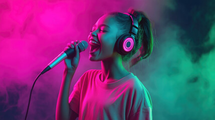 Teenager girl happily sings to microphone and dances under neon pink green lights