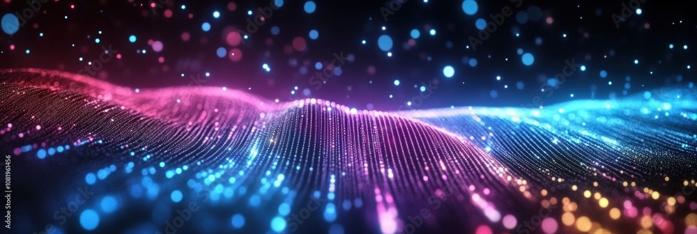 Poster abstract vibrant waves of light with bokeh effects creating a dynamic visual experience in neon pink