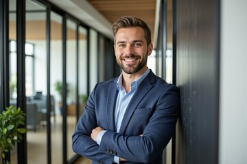 Fototapeta premium Confident Businessman in Blue Suit Smiling in Modern Office Setting, Perfect for Business Marketing or Professional Profile