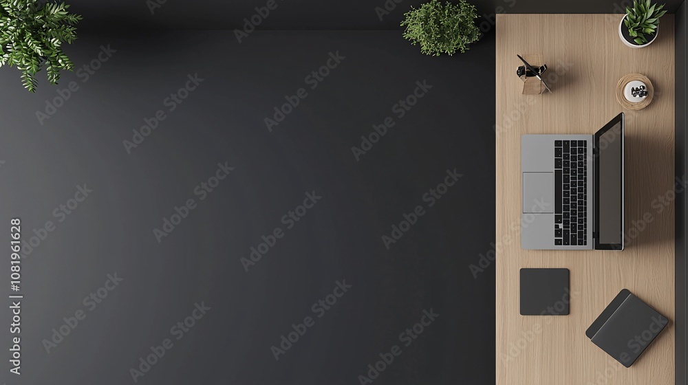 Poster stylish product mockup with a laptop screen in a realistic office setting, displaying a digital adve