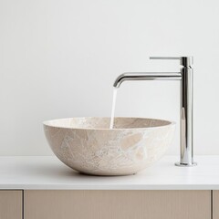 Marble vanity with a round vessel sink and waterfall faucet, artistic design, modern, unique