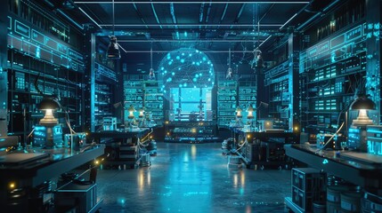 High-tech lab with glowing equipment and digital interfaces