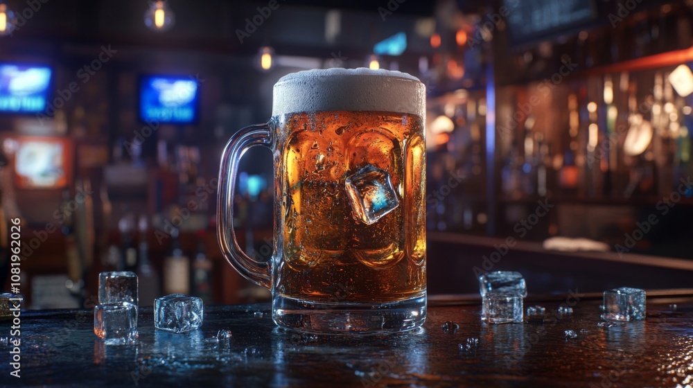 Poster Refreshing Cold Beer Mug with Ice Cubes on a Tavern Bar Top Surrounded by Blurry Background with Soft Lighting and Bokeh Effect
