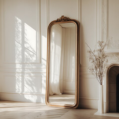 thin golden framed full length mirror stands elegantly against wall, reflecting soft natural light in stylish interior. serene atmosphere is enhanced by decorative vase with dried flowers nearby