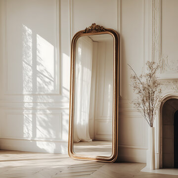 thin golden framed full length mirror stands elegantly against wall, reflecting soft natural light in stylish interior. serene atmosphere is enhanced by decorative vase with dried flowers nearby